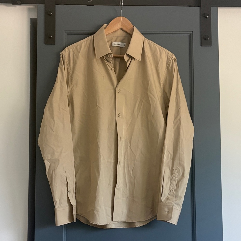 Sandro Men's Beige Long-Sleeve Dress Shirt
